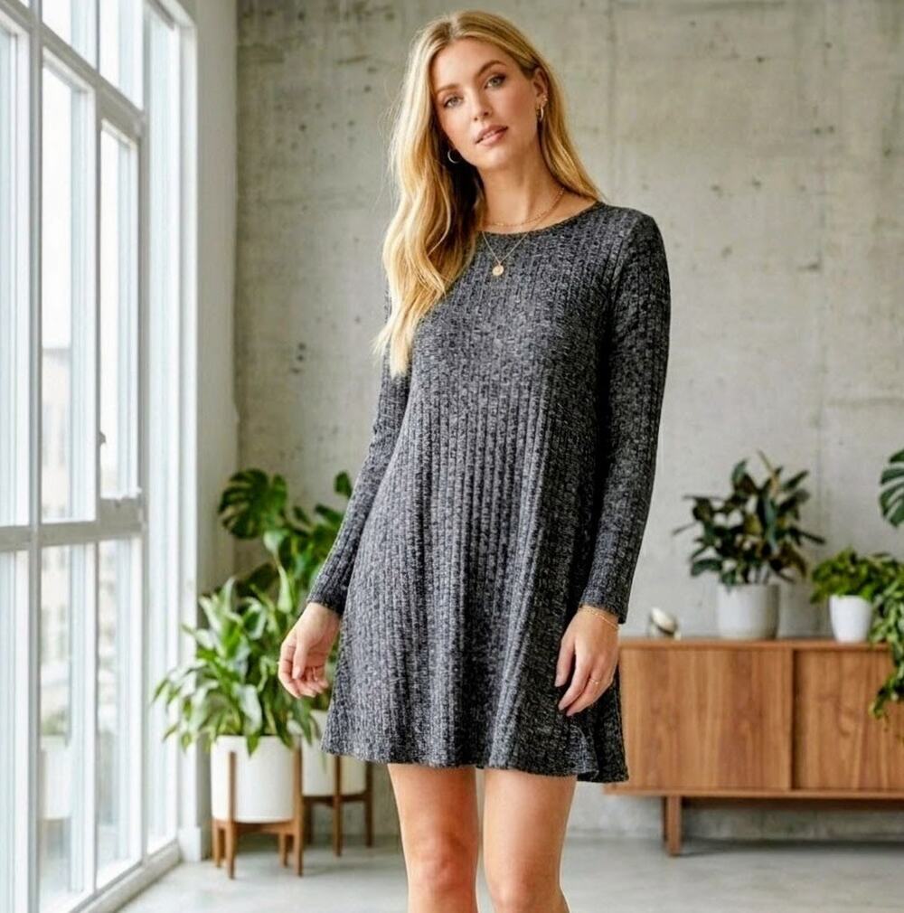 Derek Heart Plus Size 1X Gray Ribbed Knit Long Sleeve Swing Tunic Mini Dress